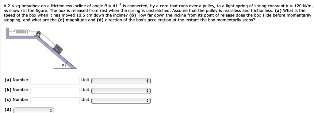 A 2.4 kg breadbox on a frictionless incline of angle ? = 41° is connected, by a cord that runs over a pulley, to a light spring of spring constant k = 120 N/m, as shown in the figure. The box is released from rest when the spring is unstretched. Assume that the pulley is massless and frictionless.
(a) What is the speed of the box when it has moved 10.5 cm down the incline?
(b) How far down the incline from its point of release does the box slide before momentarily stopping?
(c) What is the magnitude of the box's acceleration at the instant it momentarily stops?
(d) What is the direction of the box's acceleration at the instant it momentarily stops?
