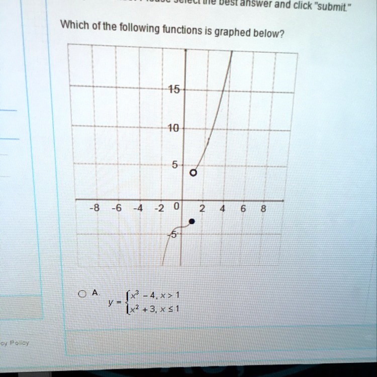 Which of the following functions is graphed below?
y = egincases x^3 - 4,     x > 1 x^2 + 3,     x le 1 endcases