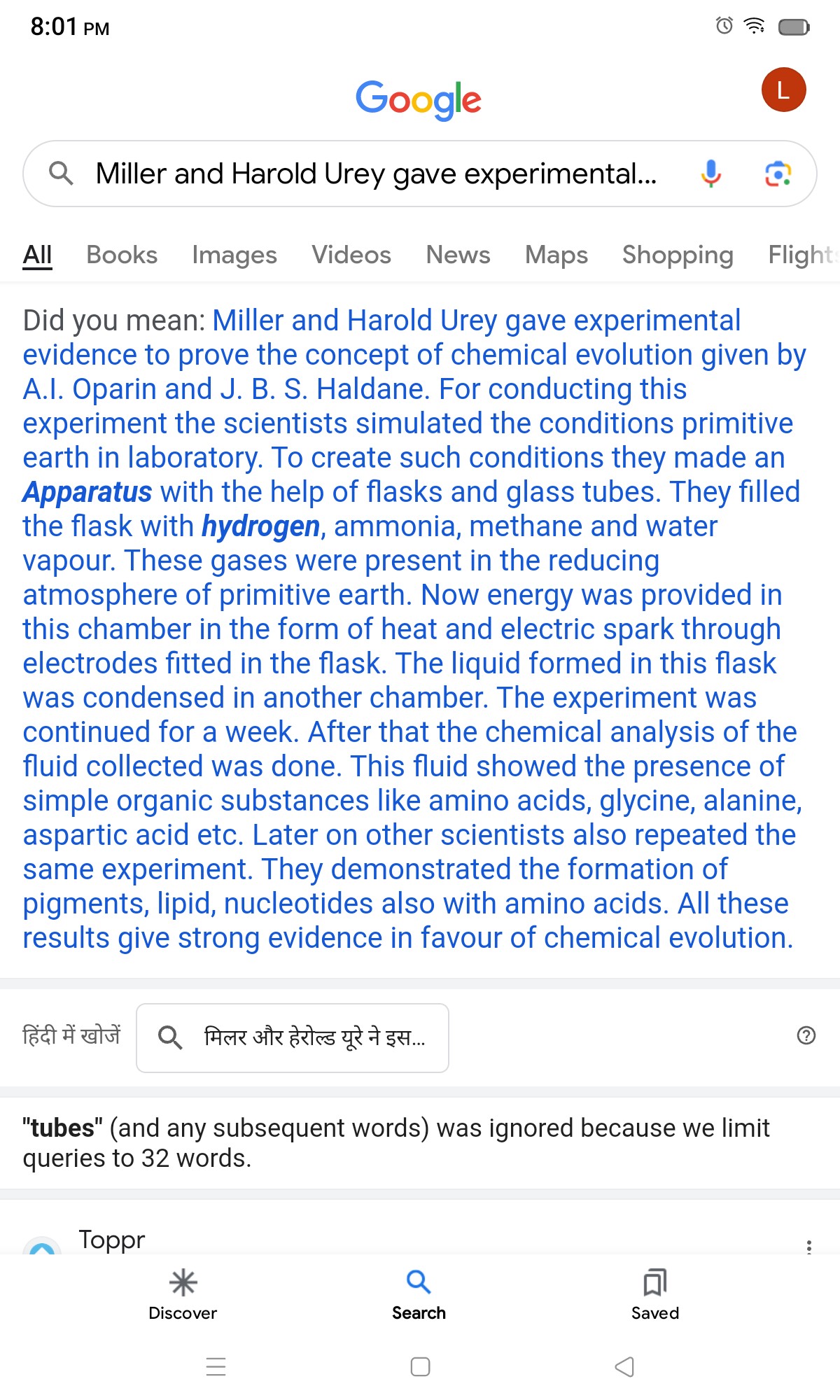 SOLVED 801 PM (1) ≅ Google Q Miller and Harold Urey gave experimental