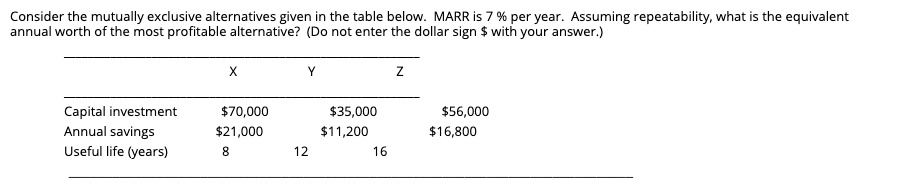 SOLVED: Consider the mutually exclusive alternatives given in the table ...
