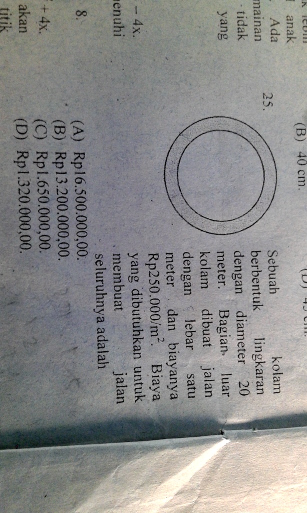 SOLVED: Sebuah kolam berbentuk lingkaran dengan diameter 20 m. Bagian ...