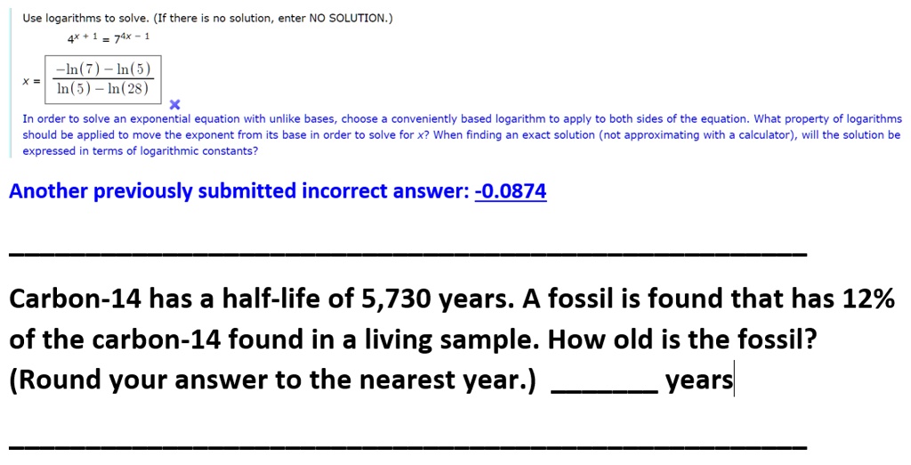 Use logarithms to solve. (If there is no solution enter NO SOLUTION