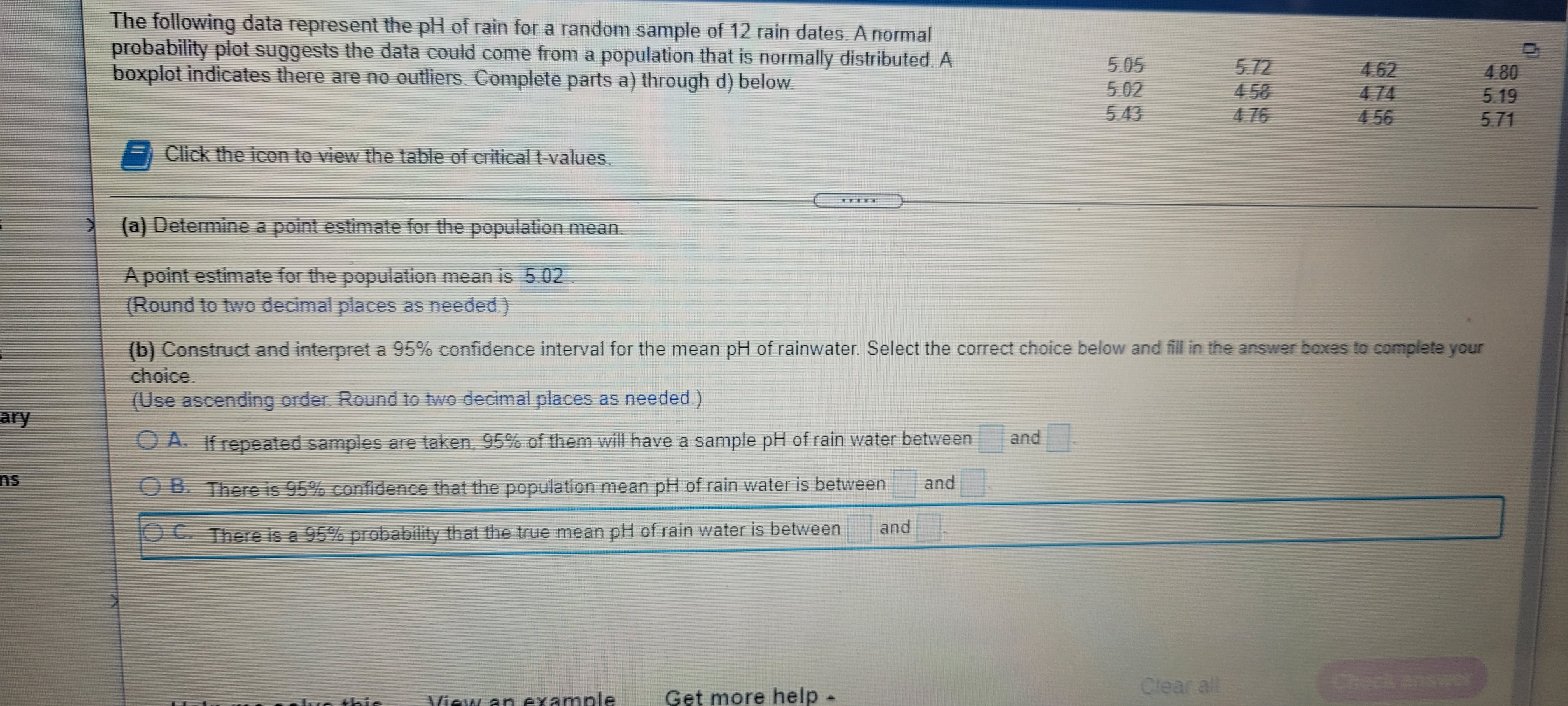 SOLVED The following data represent the pH of rain for a random sample