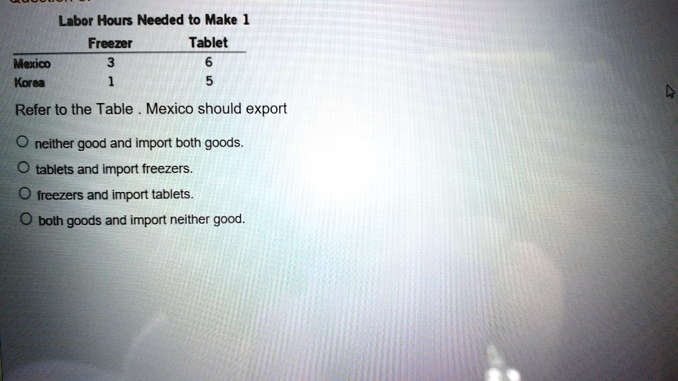 Labor Hours Needed to Make 1
Freezer	Tablet
Mexico	3	6
Korea	1	5
Refer to the Table. Mexico should export
neither good and import both goods.
tablets and import freezers.
freezers and import tablets.
both goods and import neither good.