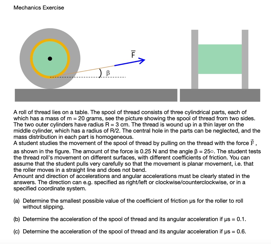 how do you solve this mechanics exercise f a roll of thread lies on a table the spool of thread consists of three cylindrical parts each of which has a mass of m 20 grams see the picture sho 29833