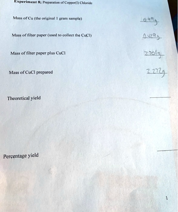 SOLVED Experiment 8 Preparation of Copper(II) Chloride Mass of Cu