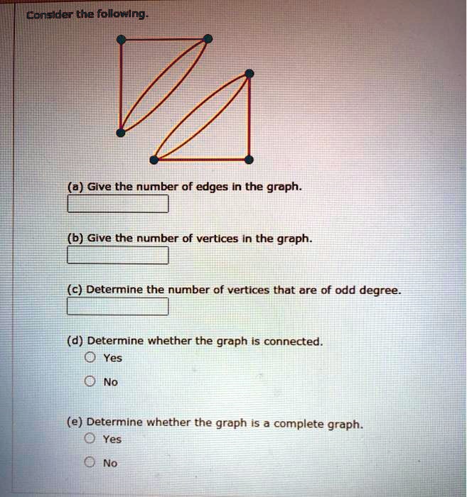 Consider the following.
(a) Give the number of edges in the graph.
(b) Give the number of vertices in the graph.
(c) Determine the number of vertices that are of odd degree.
(d) Determine whether the graph is connected.
Yes
No
(e) Determine whether the graph is a complete graph.
Yes
No