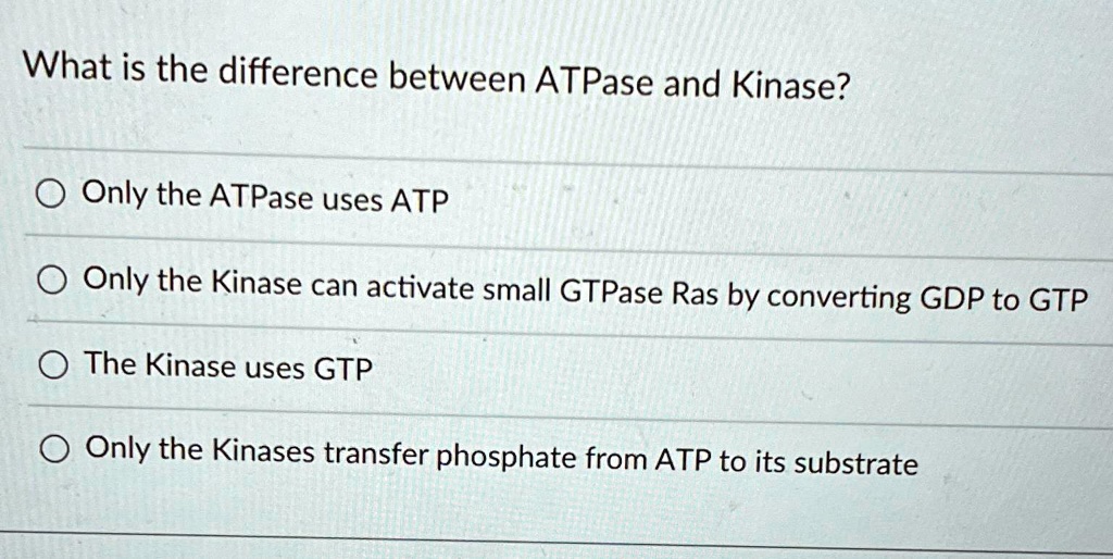 What is the difference between ATPase and Kinase?
Only the ATPase uses ATP
Only the Kinase can activate small GTPase Ras by converting GDP to GTP
The Kinase uses GTP
Only the Kinases transfer phosphate from ATP to its substrate