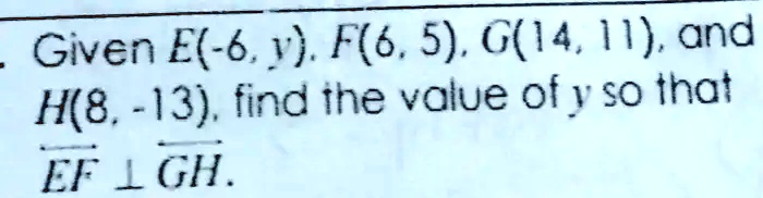 Given E(-6, y), F(6, 5), G(14, 11), and H(8, -13), find the value of y so that EF ? GH.