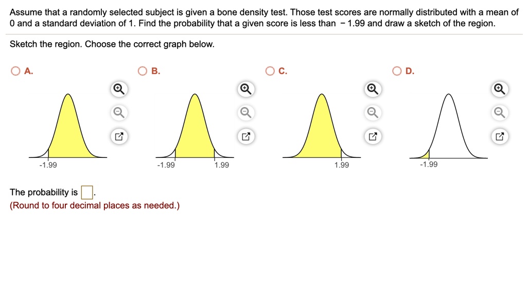 Assume that a randomly selected subject is given a bone density test. Those test scores are normally distributed with a mean of 0 and a standard deviation of 1. Find the probability that a given score is less than -1.99 and draw a sketch of the region.
Sketch the region. Choose the correct graph below.
A. B. C. D.
-1.99 -1.99 1.99 1.99 -1.99
The probability is .
(Round to four decimal places as needed.)