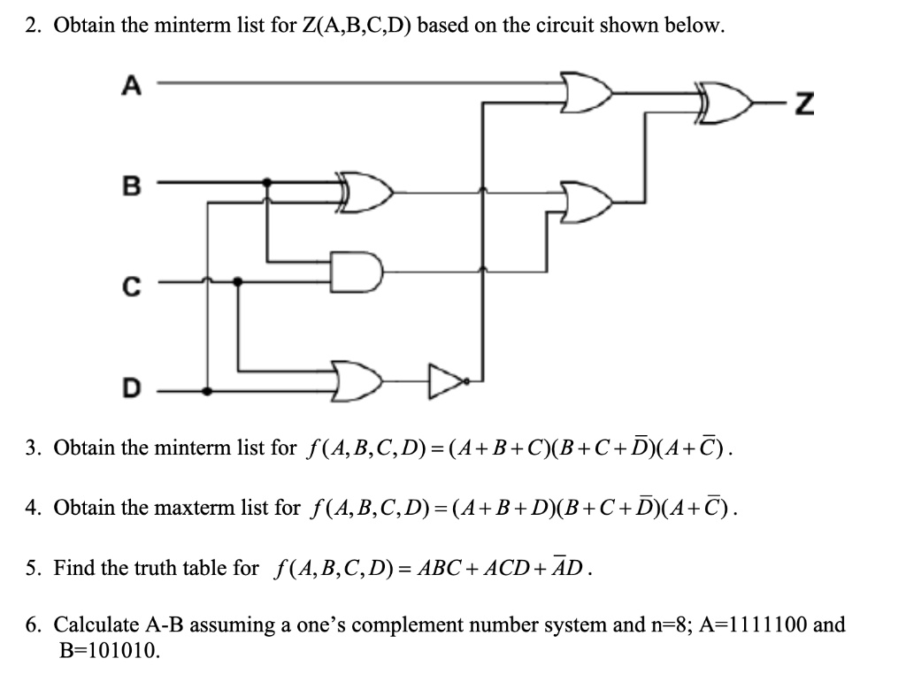 SOLVED: 2. Obtain the minterm list for Z(A,B,C,D) based on the circuit ...