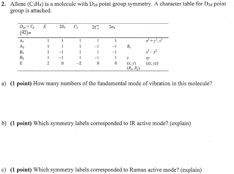 SOLVED: Allene (C2H2) is a molecule with D2d point group symmetry. The ...