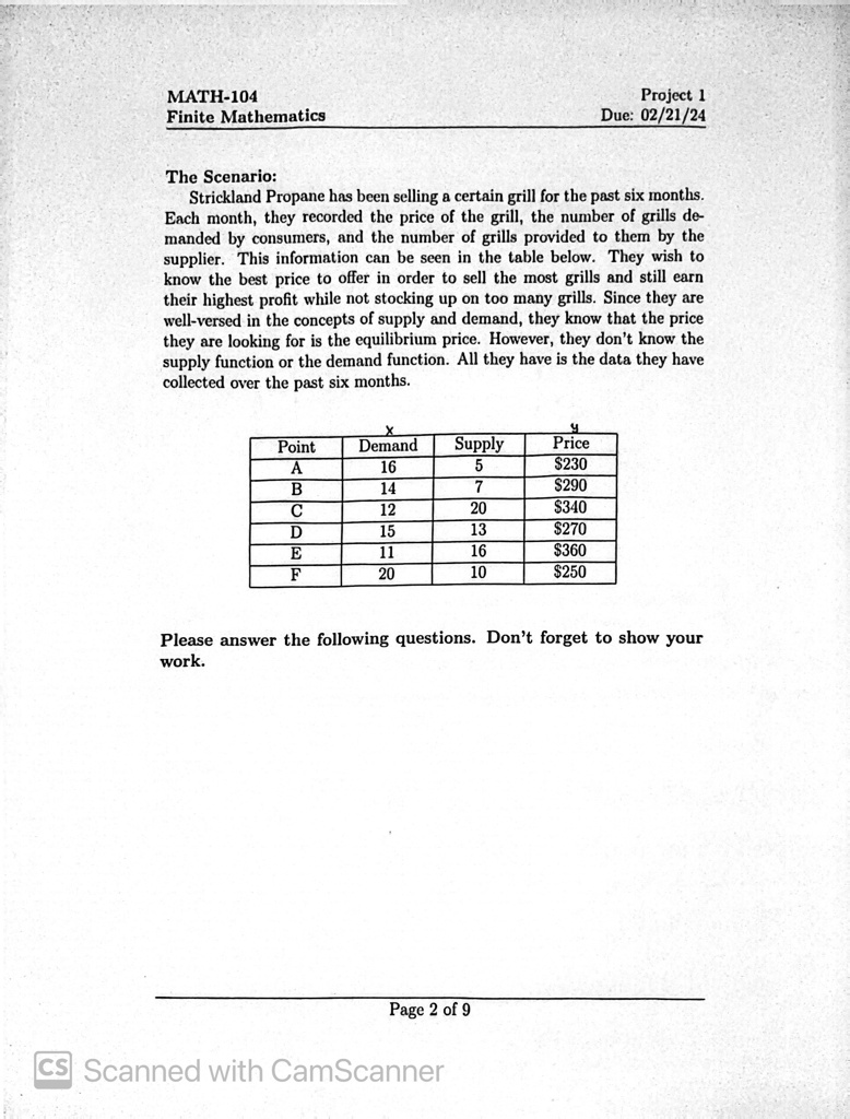 MATH-104 Finite Mathematics Project 1 Due: 02/21/24 The Scenario ...