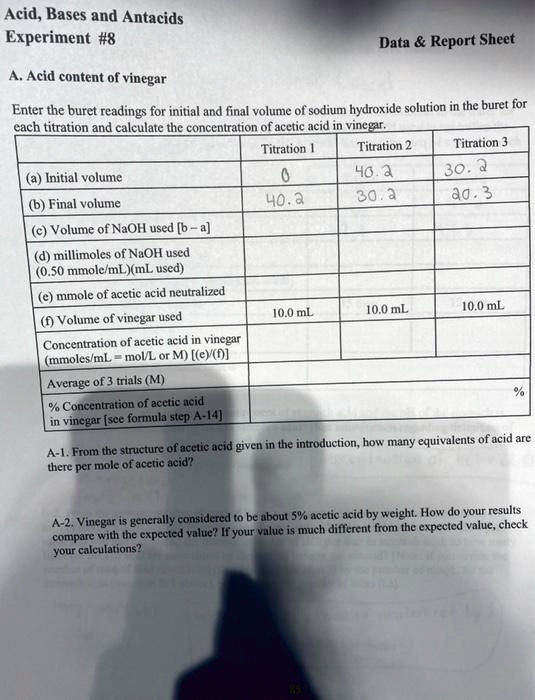SOLVEDAcid, Bases and Antacids Experiment 8 Data & Report Sheet Acid