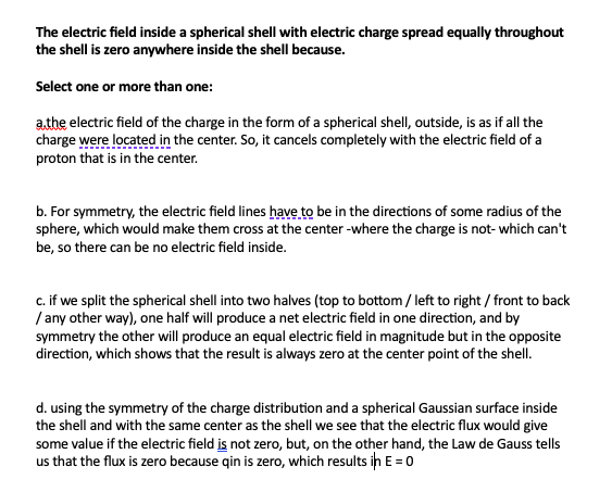 The electric field inside a spherical shell with electric charge spread ...