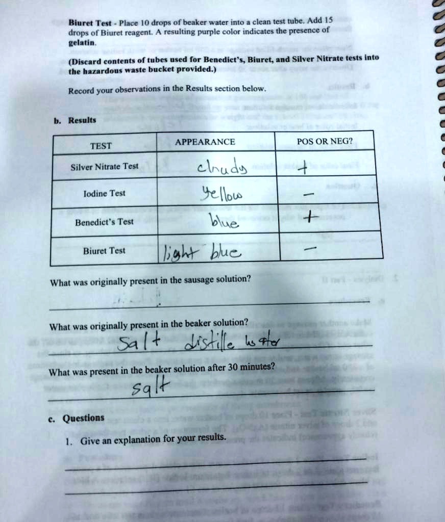 SOLVED: Biuret Test-Place 10 drops of beaker water into a clean test ...