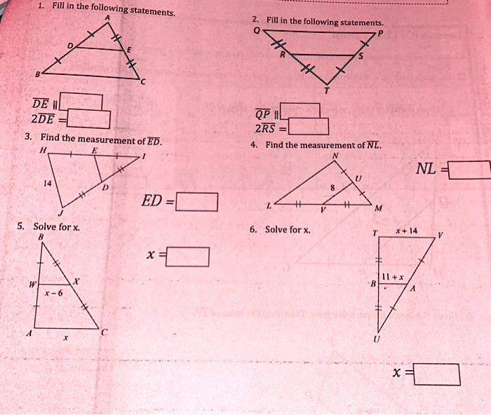 fill in the following statements fiii in the followlng statemen de 2de find the measurement of ed qp 2rs find the measurement ofnl nl ed solve for solve for x 69028