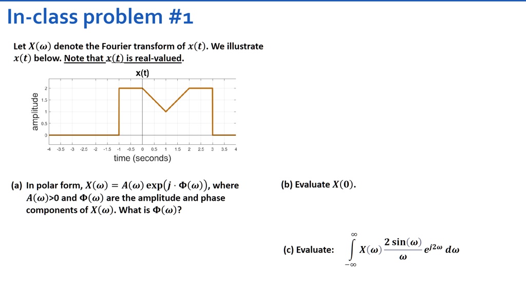 In-class problem #1
Let X(ω) denote the Fourier transform of x(t). We illustrate
x(t) below. Note that x(t) is real-valued.
x(t)
(a) In polar form, X(ω) = A(ω) (j ·Φ(ω)), where
A(ω) > 0 and Φ(ω) are the amplitude and phase
components of X(ω). What is Φ(ω)?
(b) Evaluate X(0).
(c) Evaluate: ∫-∞^∞ X(ω) (2 sin(ω))/(ω) e^j2ω dω