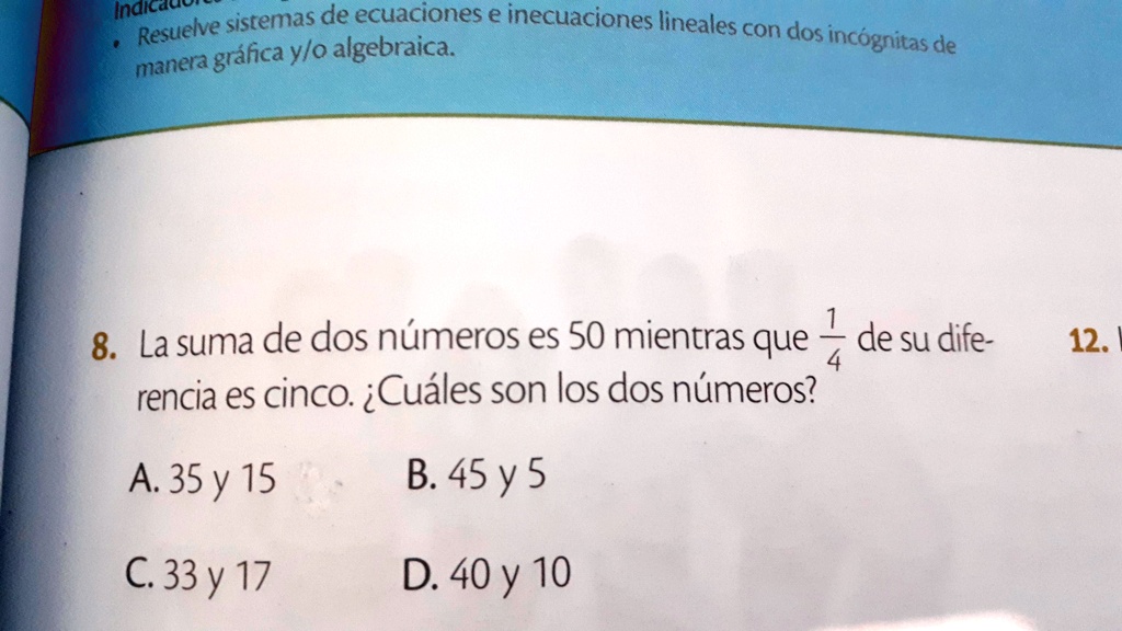 SOLVED: La suma de dos números es 50 mientras que 1/4 de su diferencia ...