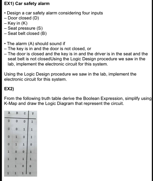 EX1) Car safety alarm • Design a car safety alarm considering four ...