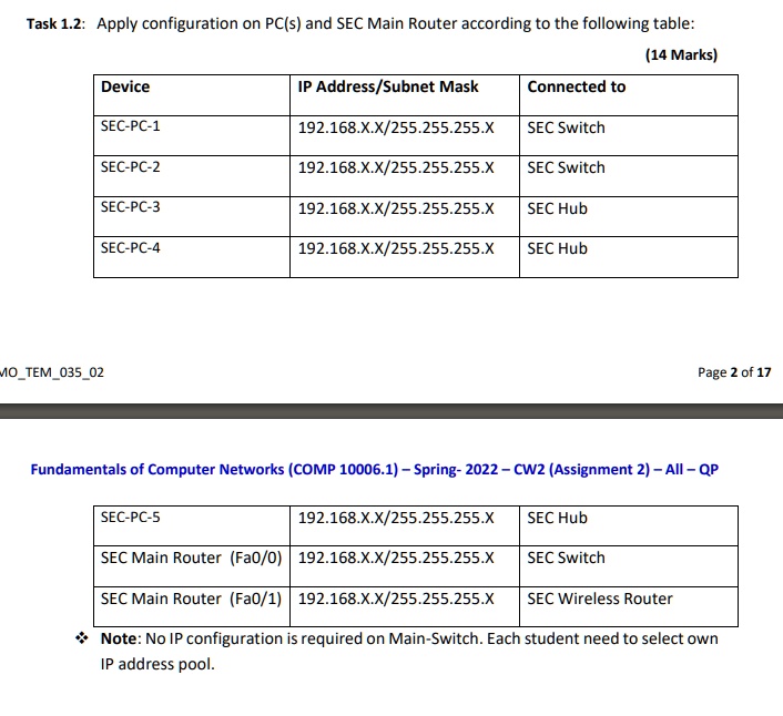 Switch Sec Task 1.2: Apply configuration on PC(s) and SEC Main Router according to ...