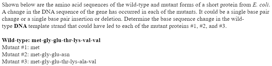 Shown below are the amino acid sequences of the wild-type and mutant forms of a short protein from E. coli.
A change in the DNA sequence of the gene has occurred in each of the mutants. It could be a single base pair
change or a single base pair insertion or deletion. Determine the base sequence change in the wild-
type DNA template strand that could have led to each of the mutant proteins #1, #2, and #3.
Wild-type: met-gly-glu-thr-lys-val-val
Mutant #1: met
Mutant #2: met-gly-glu-asn
Mutant #3: met-gly-glu-thr-lys-ala-val