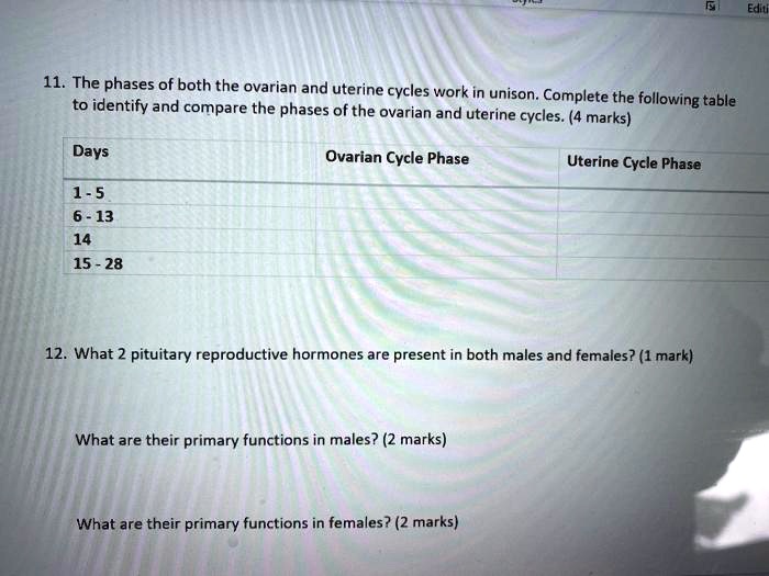 11. The phases of both the ovarian and uterine cycles work in unison. Complete the following table
to identify and compare the phases of the ovarian and uterine cycles. (4 marks)
Days
1-5
6-13
14
15-28
Ovarian Cycle Phase
Uterine Cycle Phase
12. What 2 pituitary reproductive hormones are present in both males and females? (1 mark)
What are their primary functions in males? (2 marks)
What are their primary functions in females? (2 marks)
