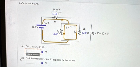 refer to the figure v1 110 omega r1 i 120 v r2 440 omega i2 i3 r3 120 omega vp v v1 a calculate p3 in w enter a number w b find the total power in w supplied by the source w 26866