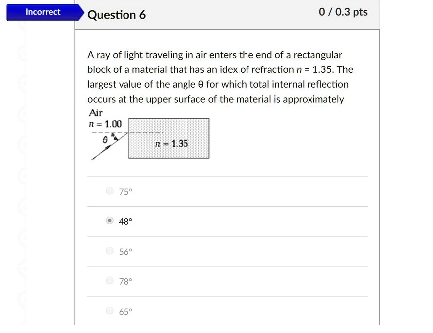 A ray of light traveling in air enters the end of a rectangular block of a material that has an idex of refraction n = 1.35. The largest value of the angle ? for which total internal reflection occurs at the upper surface of the material is approximately
Air
n = 1.00
?
n = 1.35
75°
48°
56°
78°
65°