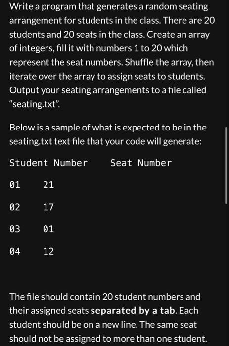 Write a program that generates a random seating arrangement for ...