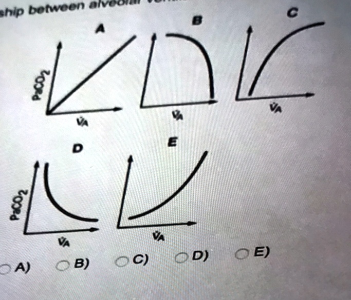 PaCO2
ship between alveolar ventilation and PaCO2
A
B
C
D
E
VA
VA
VA
VA
VA
A) B) C) D) E)