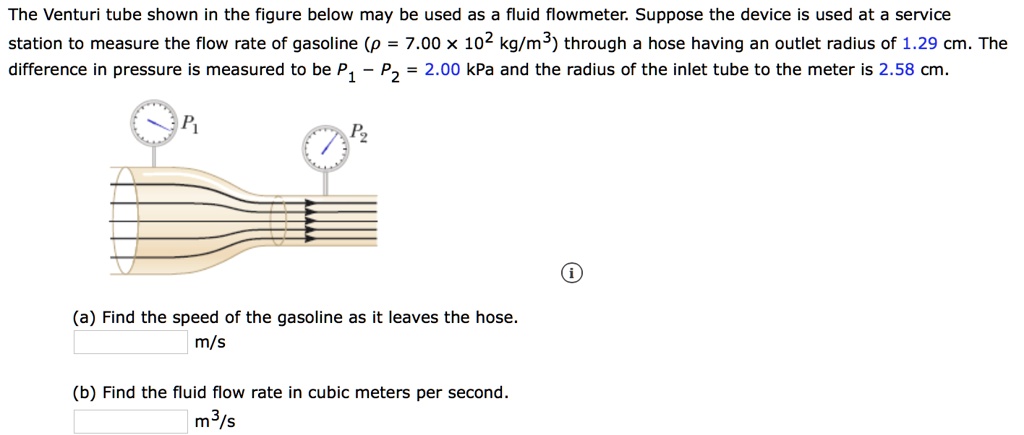 The Venturi tube shown in the figure below may be used as a fluid flowmeter. Suppose the device is used at a service station to measure the flow rate of gasoline (? = 7.00 × 10² kg/m³) through a hose having an outlet radius of 1.29 cm. The difference in pressure is measured to be P? - P? = 2.00 kPa and the radius of the inlet tube to the meter is 2.58 cm.
(a) Find the speed of the gasoline as it leaves the hose.
m/s
(b) Find the fluid flow rate in cubic meters per second.
m³/s