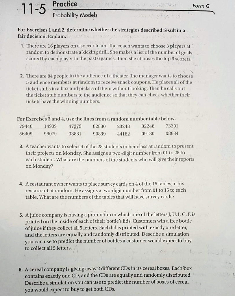 SOLVED: Practice 11-5 Probability Models Form G For Exercises I and 2 ...