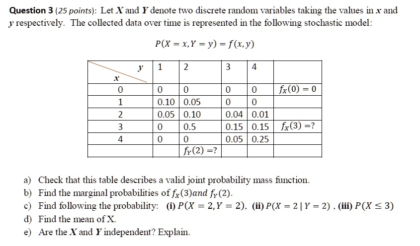 SOLVED: Question 3 (25 points): Let X and Y denote two discrete random ...