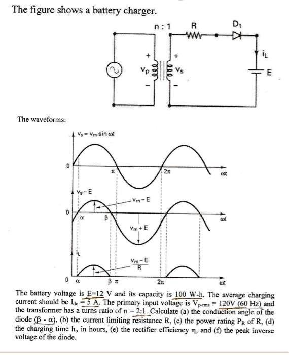 SOLVED The figure shows a battery charger. The waveforms Vs = Vmsin(t