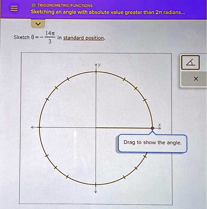 SOLVED: TRIGONOMETRICFUNCTIONS Sketching an angle with absolute value ...