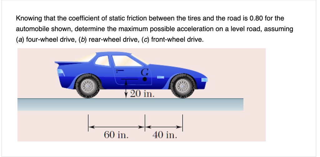 Knowing that the coefficient of static friction between the tires and the road is 0.80 for the
automobile shown, determine the maximum possible acceleration on a level road, assuming
(a) four-wheel drive, (b) rear-wheel drive, (c) front-wheel drive.
G
20 in.
60 in.
40 in.
