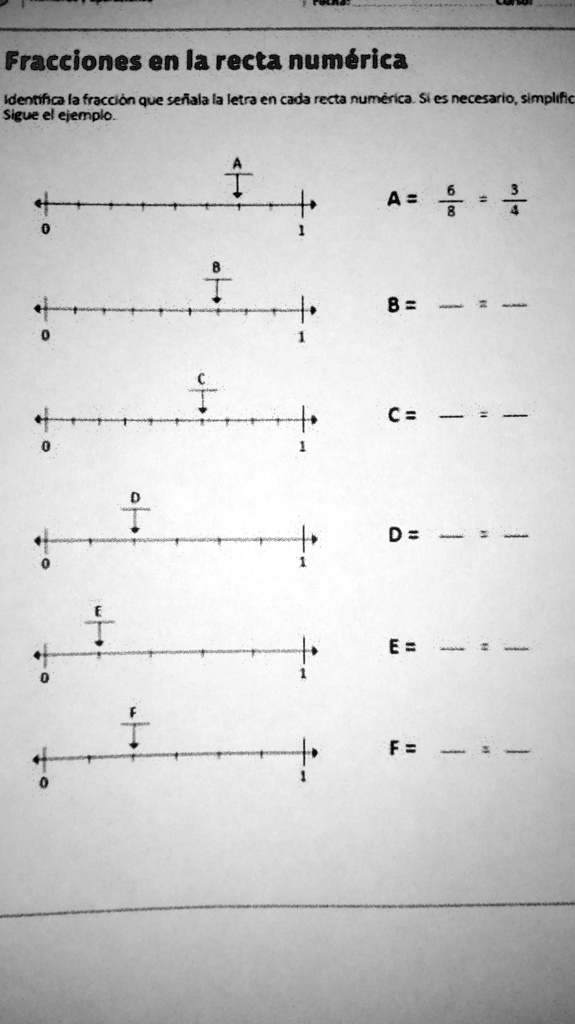 SOLVED: Identifica la fracción que señala la letra en cada recta ...