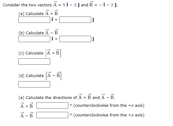 SOLVED: Consider The Two Vectors A = 5i 3 J And B = F 2j. Calculate A ...