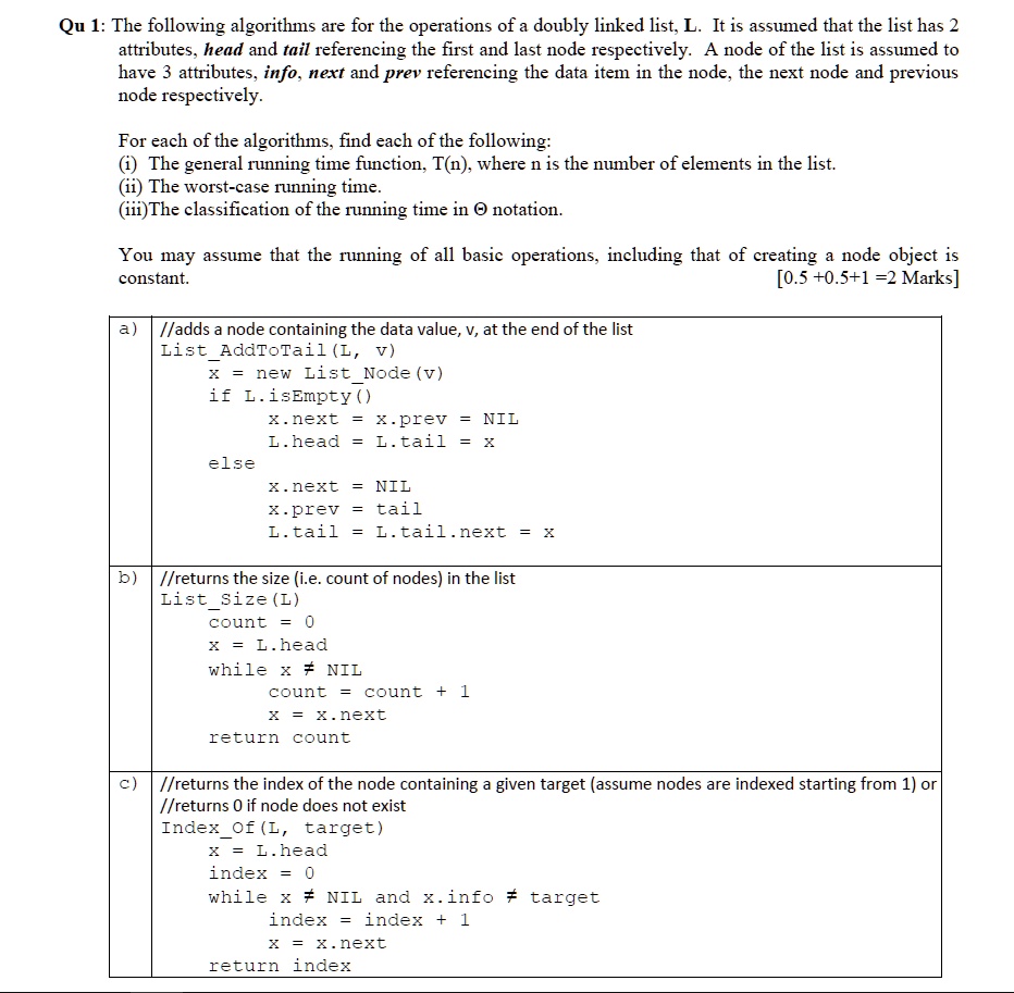 SOLVED: Qu 1: The following algorithms are for the operations of a ...