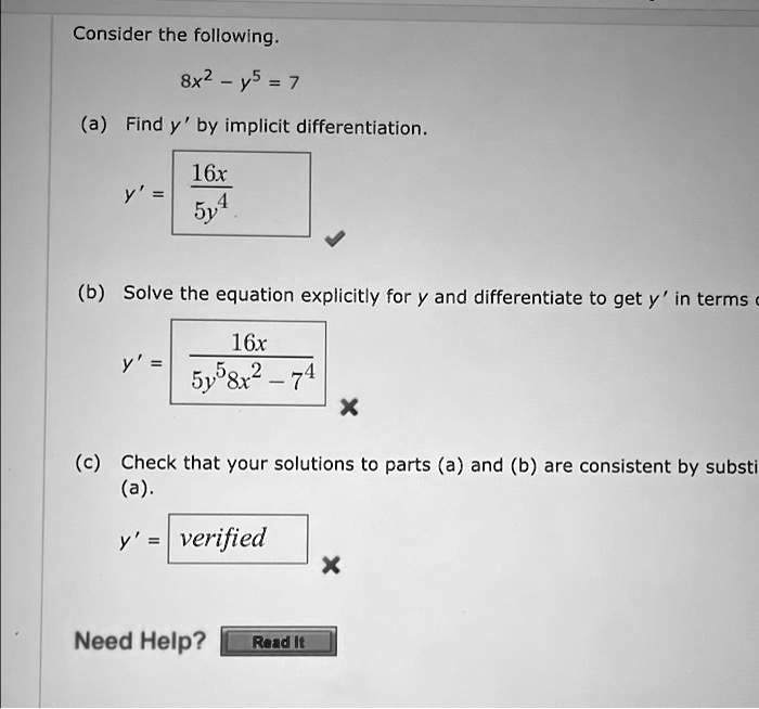 SOLVED: Texts: Corrected Consider The Following: 8x^2 - Y^5 = 7 (a ...