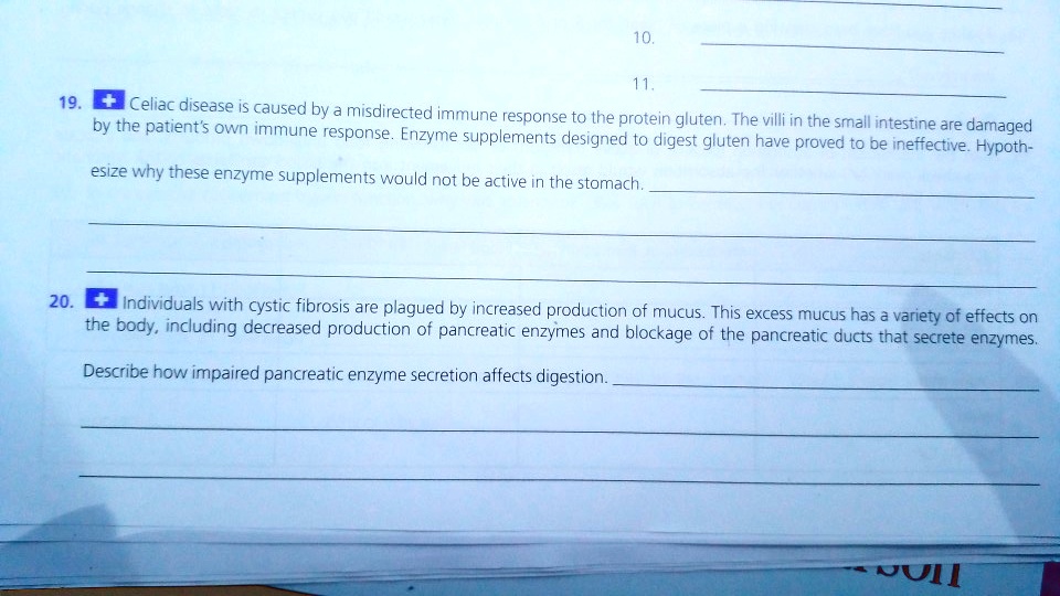 19. Celiac disease is caused by a misdirected immune response to the protein gluten. The villi in the small intestine are damaged by the patient's own immune response. Enzyme supplements designed to digest gluten have proved to be ineffective. Hypothesize why these enzyme supplements would not be active in the stomach.
20. Individuals with cystic fibrosis are plagued by increased production of mucus. This excess mucus has a variety of effects on the body, including decreased production of pancreatic enzymes and blockage of the pancreatic ducts that secrete enzymes. Describe how impaired pancreatic enzyme secretion affects digestion.