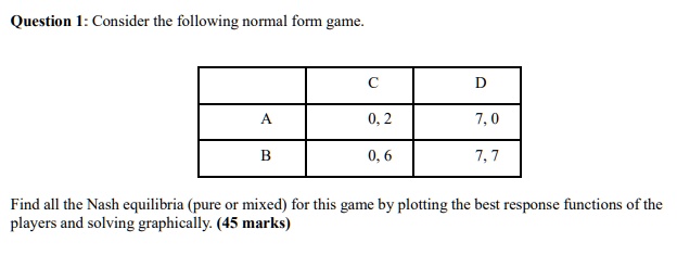 SOLVED: Question 1: Consider the following normal form game C D A 0,2 7 ...