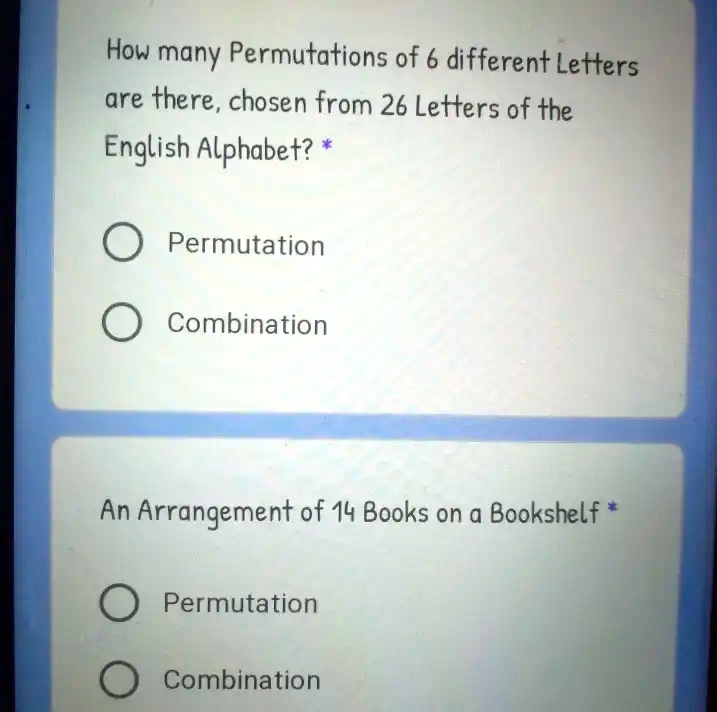 SOLVED How many Permutations of 6 different Letters are there, chosen