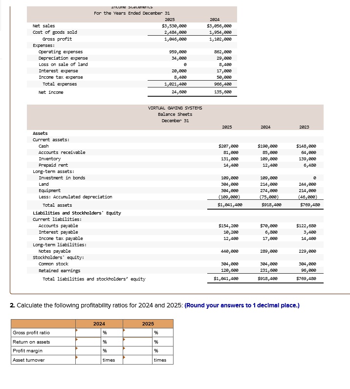 Calculate the following profitability ratios for 2024 and 2025: (Round ...