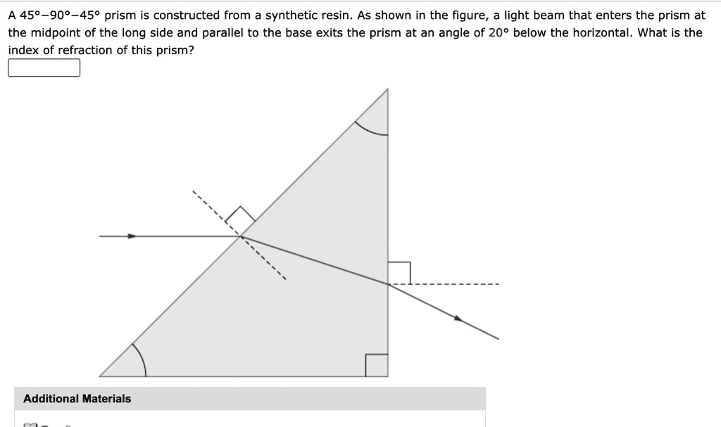 SOLVED: A 45-90-45 prism is constructed from a synthetic resin.As shown ...