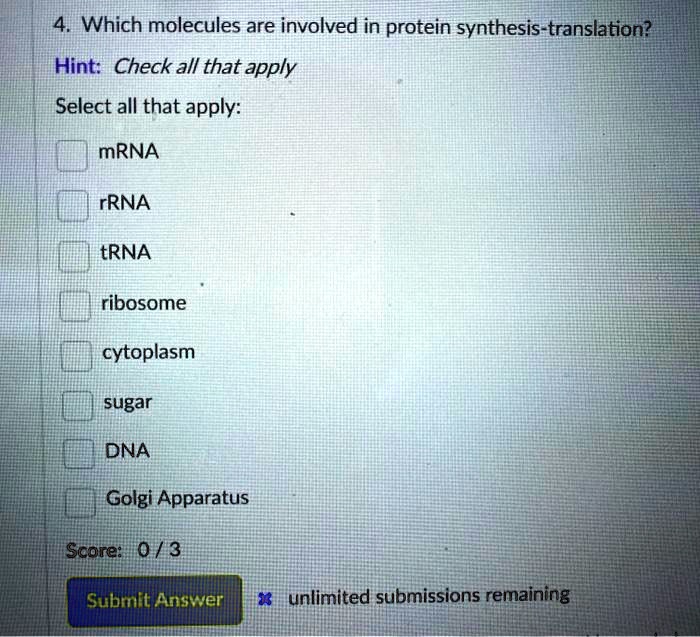4. Which molecules are involved in protein synthesis-translation?
Hint: Check all that apply
Select all that apply:
mRNA
rRNA
tRNA
ribosome
cytoplasm
sugar
DNA
Golgi Apparatus