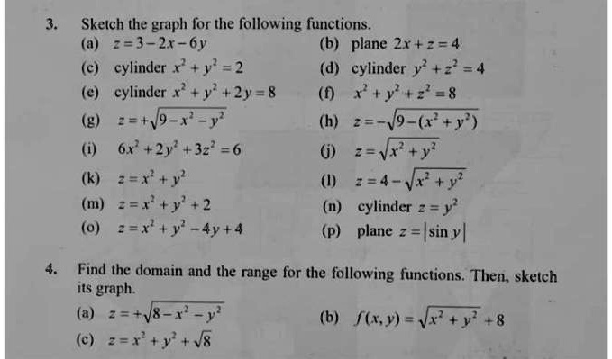 Solved Sketch The Graph For The Following Functions 33 2 6v 6 Plane 2x 2 4 Cylinder X Y 2 D Cylinder Y 2 4 Eylinder Y 2y 8 0 8 19 Y H 64 2y 32 6 J 33 N