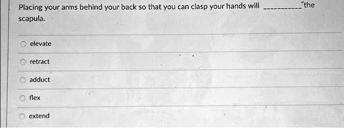 Placing your arms behind your back so that you can clasp your hands will  the scapula.
? elevate
? retract
? adduct
? flex
? extend
