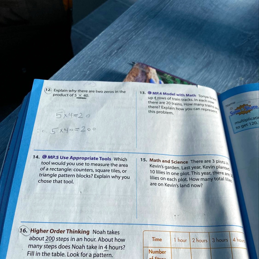SOLVED: "help me please number 16 Explain why there are tWo zeros In the  product of 5 X 40. 13. MPa Model with Math up 4 rows of train tracks.In  Torya there